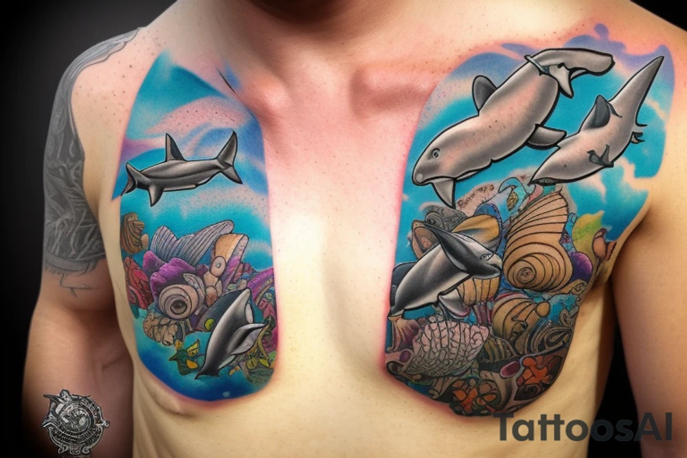 Brown dog lab mix memorial flowing into ocean themed chest piece with hammerhead sharks and seashell with 7-18-18 inside and tornados on the surface with a reference to a Pearl Jam song tattoo idea