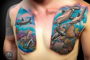 Brown dog lab mix memorial flowing into ocean themed chest piece with hammerhead sharks and seashell with 7-18-18 inside and tornados on the surface with a reference to a Pearl Jam song tattoo idea