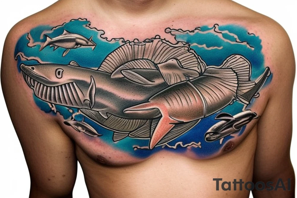 Brown dog lab mix memorial on arm flowing into ocean themed chest piece with hammerhead sharks and seashell with 7-18-18 inside and tornados on the surface with a reference to a Pearl Jam song tattoo idea
