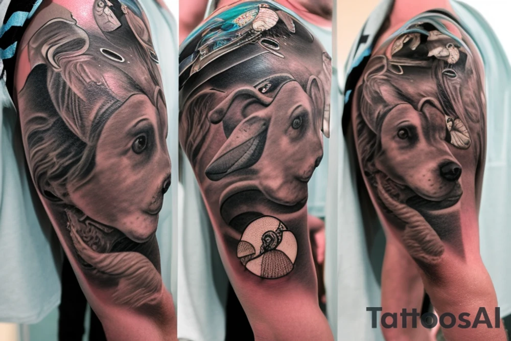 Brown dog lab mix memorial on arm flowing into ocean themed chest piece with hammerhead sharks and seashell with 7-18-18 inside and tornados on the surface with a reference to a Pearl Jam song tattoo idea