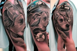 Brown dog lab mix memorial on arm flowing into ocean themed chest piece with hammerhead sharks and seashell with 7-18-18 inside and tornados on the surface with a reference to a Pearl Jam song tattoo idea