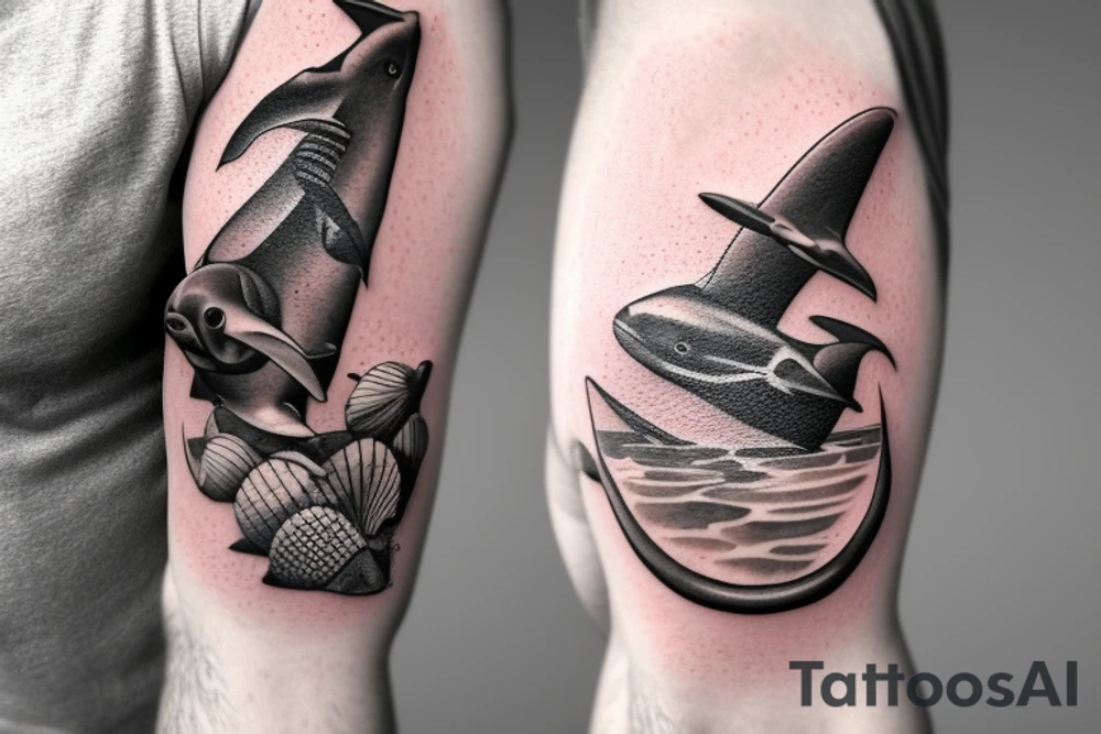 Brown dog lab mix memorial on arm flowing into ocean with hammerhead sharks and seashell with 7-18-18 inside and tornados on the surface tattoo idea