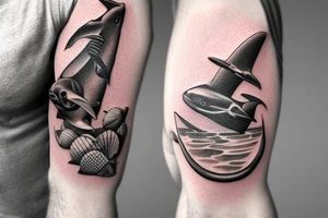 Brown dog lab mix memorial on arm flowing into ocean with hammerhead sharks and seashell with 7-18-18 inside and tornados on the surface tattoo idea