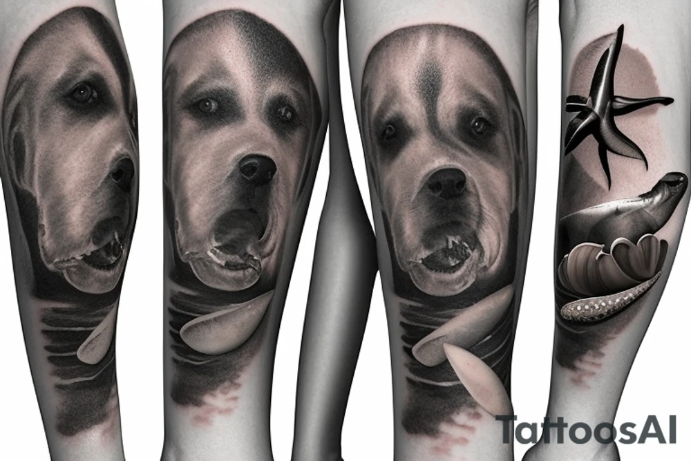 Brown dog lab mix memorial on arm flowing into ocean with hammerhead sharks and seashell with 7-18-18 inside and tornados on the surface tattoo idea