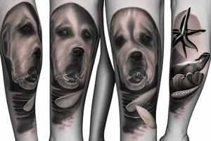 Brown dog lab mix memorial on arm flowing into ocean with hammerhead sharks and seashell with 7-18-18 inside and tornados on the surface tattoo idea