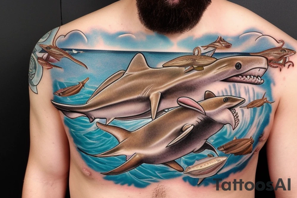 Brown dog lab mix memorial on arm flowing into ocean themed chest piece with hammerhead sharks and seashell with 7-18-18 inside and tornados on the surface tattoo idea