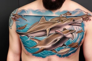 Brown dog lab mix memorial on arm flowing into ocean themed chest piece with hammerhead sharks and seashell with 7-18-18 inside and tornados on the surface tattoo idea