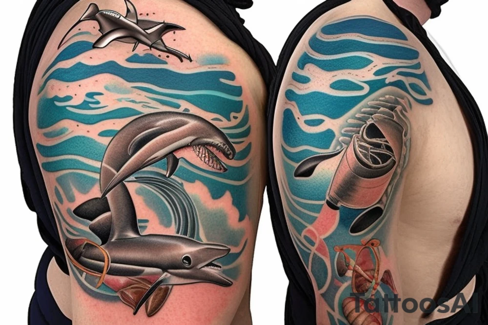 Brown dog lab mix memorial on arm flowing into ocean themed chest piece with hammerhead sharks and seashell with 7-18-18 inside and tornados on the surface tattoo idea