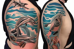 Brown dog lab mix memorial on arm flowing into ocean themed chest piece with hammerhead sharks and seashell with 7-18-18 inside and tornados on the surface tattoo idea