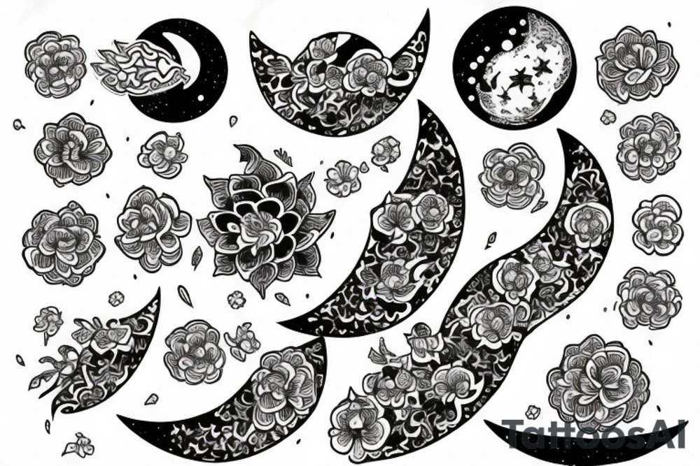 moon with flower with ornaments in japanese style tattoo idea