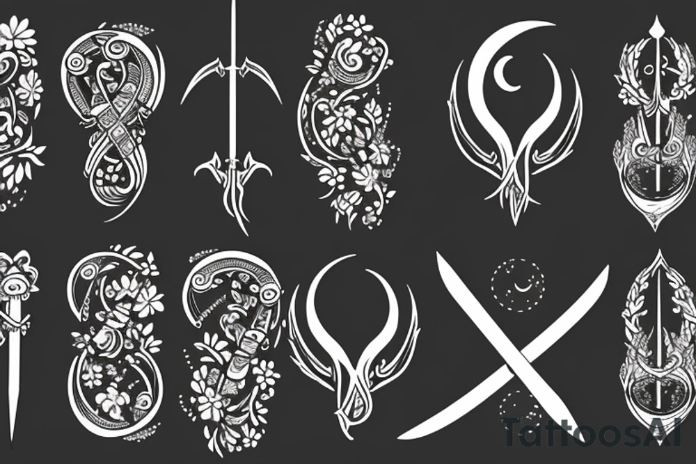 sword with moon and flower tattoo idea