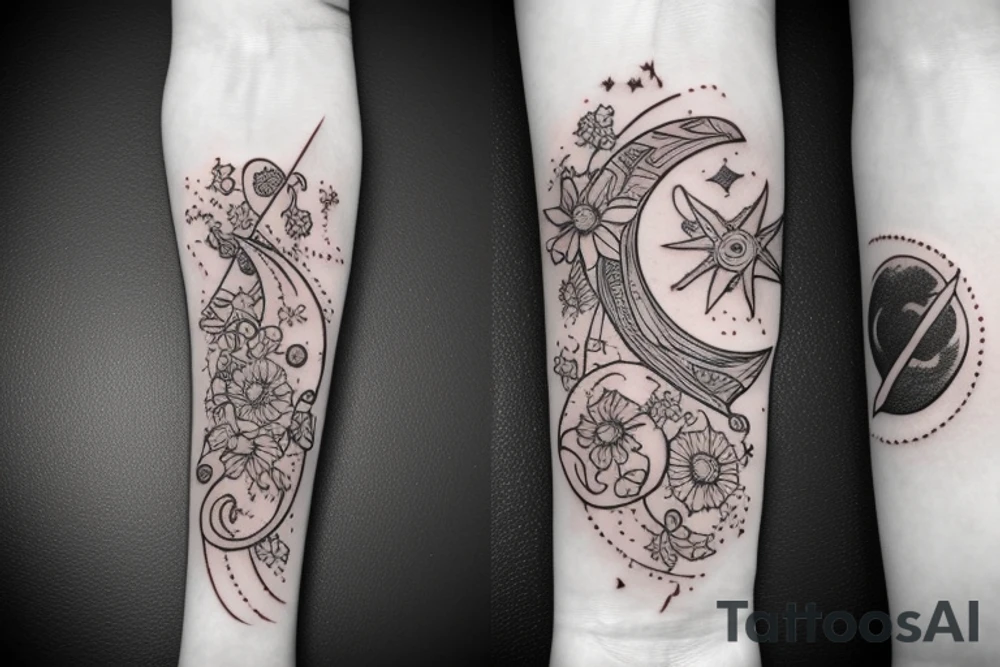 sword with moon and flower tattoo idea