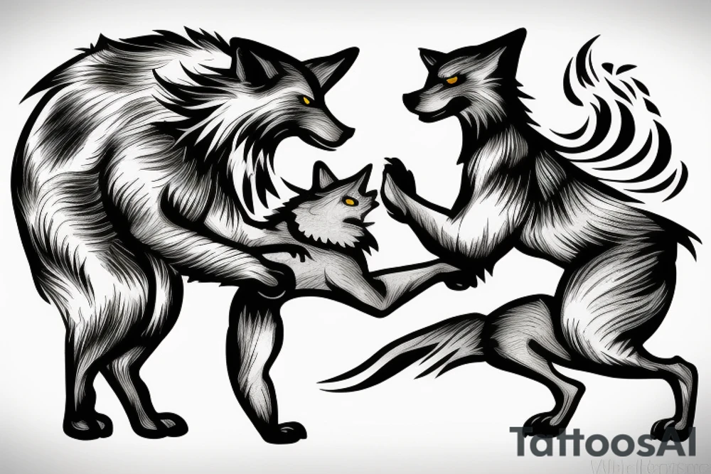 Two wolves fighting with a stone background and time tattoo idea Two wolves fighting with a stone background and time tattoo idea