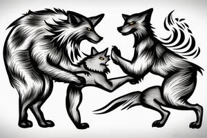 Two wolves fighting with a stone background and time tattoo idea