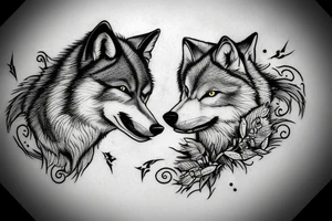 Two wolves fighting with a stone background and time tattoo idea