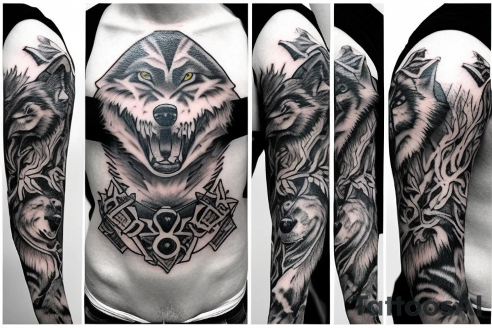 Two wolves fighting double sleeves and chest tattoo tattoo idea Two wolves fighting double sleeves and chest tattoo tattoo idea
