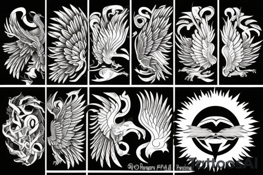 big pheonix with sun and fire around tattoo idea