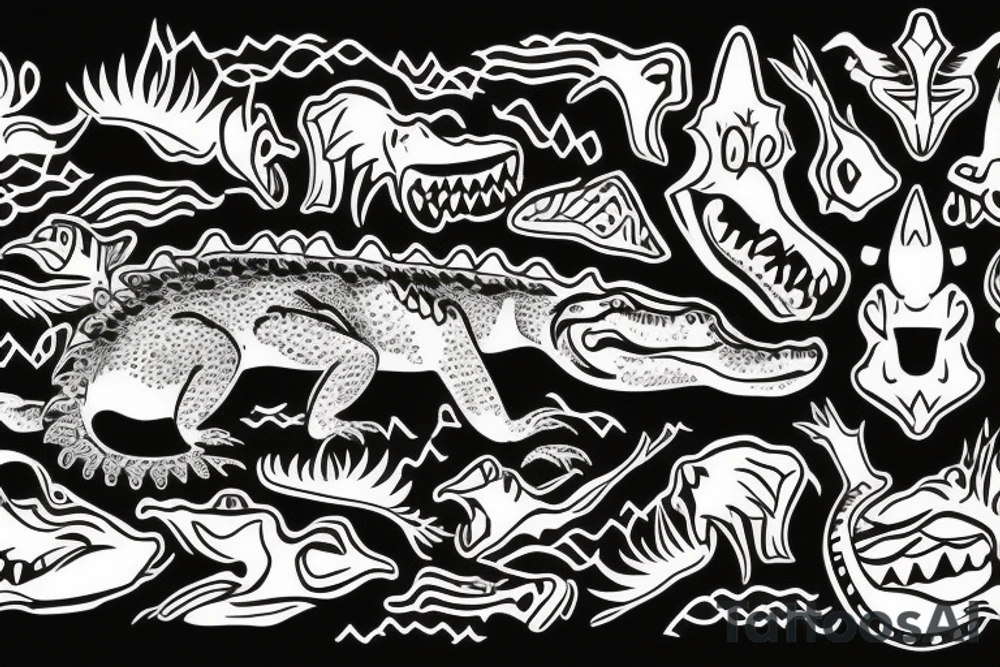 Alligator coming out of the lake with prey in its mouth tattoo idea