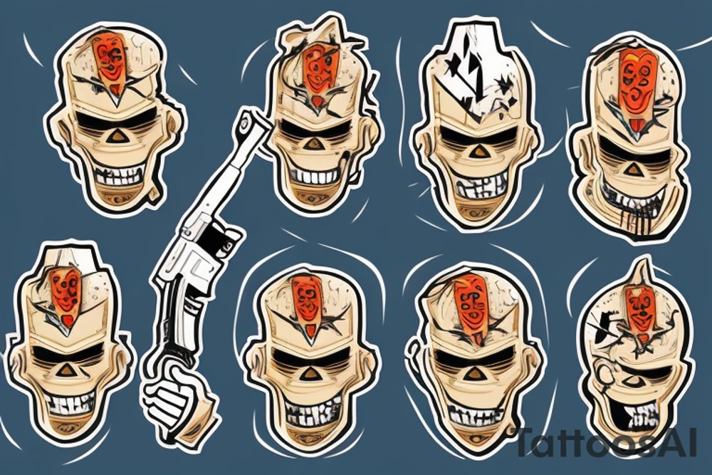 Terrorist with an AK-47 in his hands, wearing a mask and a scary smile tattoo idea