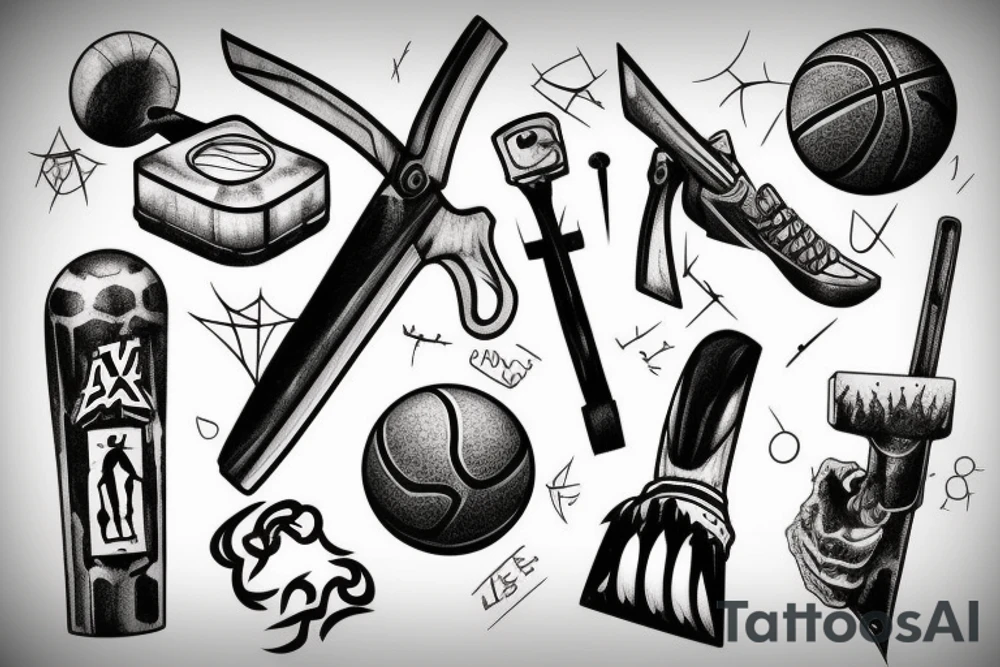 axe and basketball ball and chainsaw tattoo idea