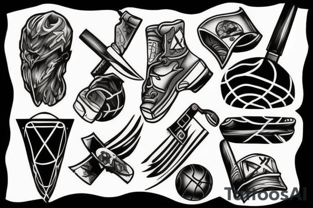 axe and basketball ball and chainsaw tattoo idea