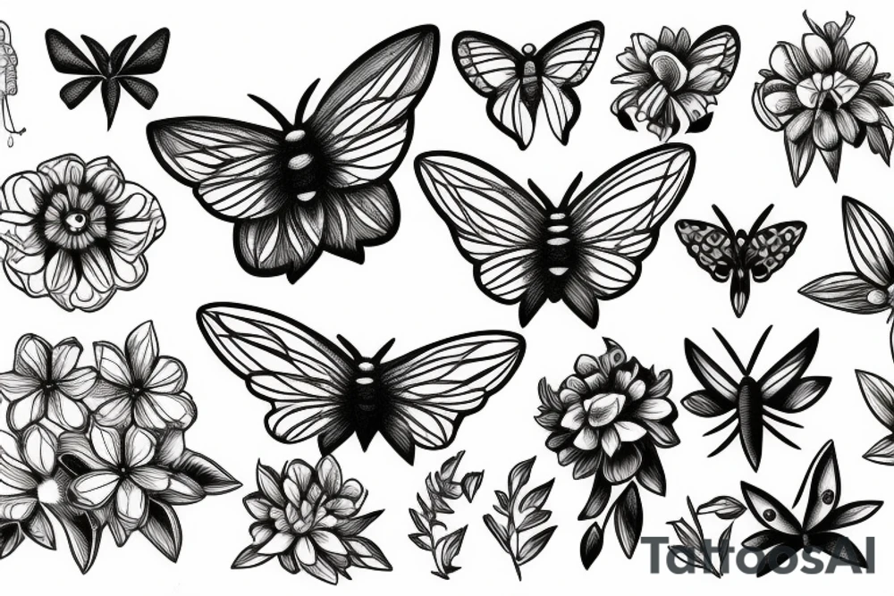 moth and flowers tattoo idea