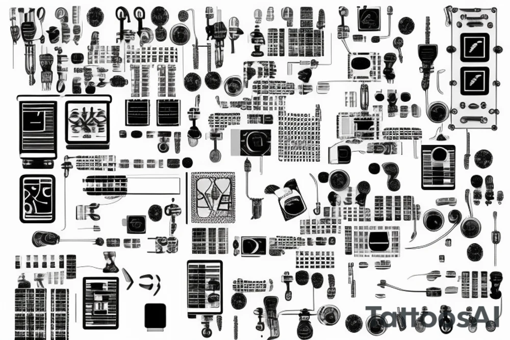 electrical printed circuit board with wiring tracks and microchips tattoo idea