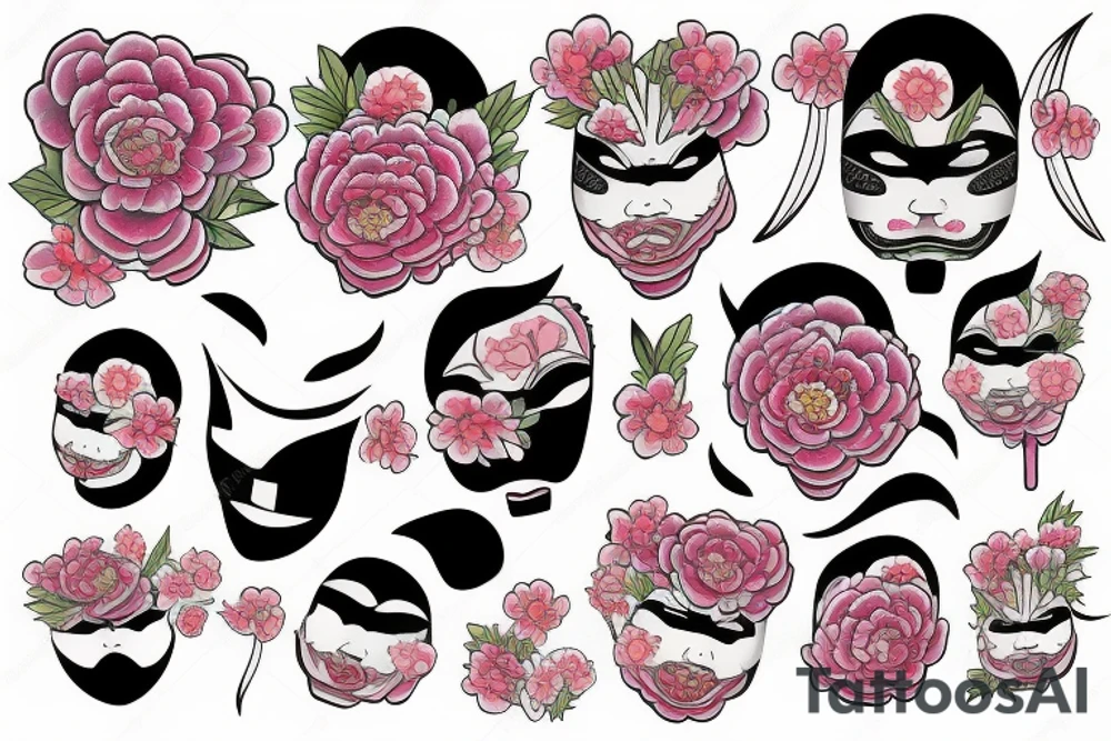 Japanese mask with peonies tattoo idea