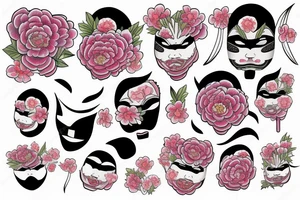 Japanese mask with peonies tattoo idea