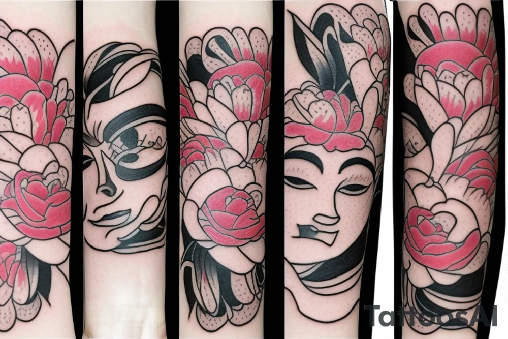 Japanese mask with peonies tattoo idea