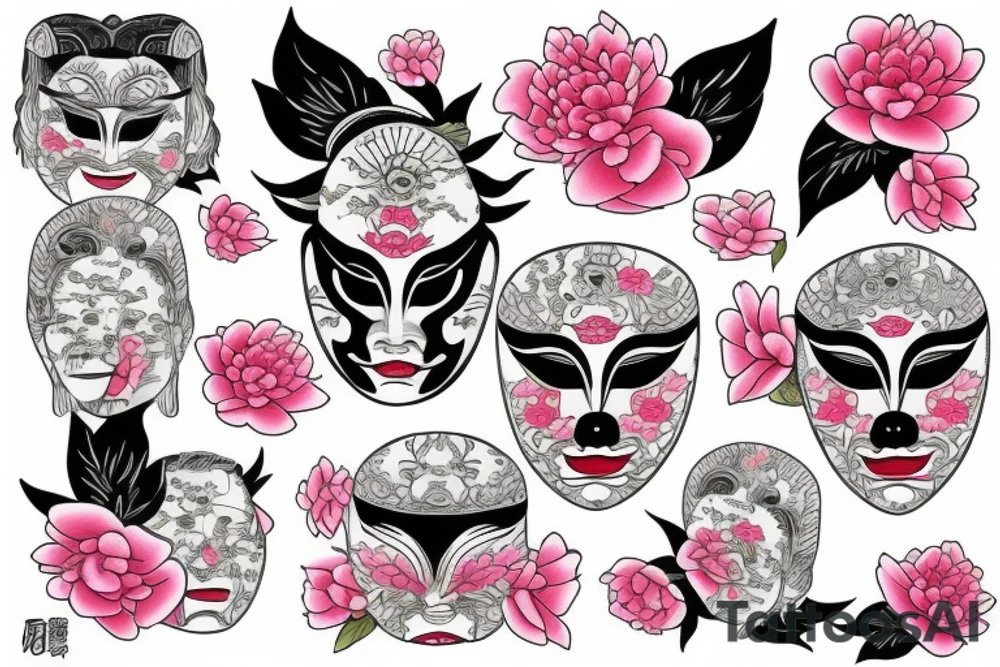Japanese mask with peonies tattoo idea