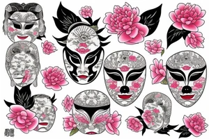 Japanese mask with peonies tattoo idea