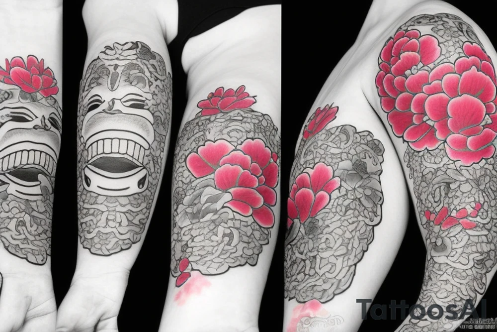 Japanese mask with peonies tattoo idea