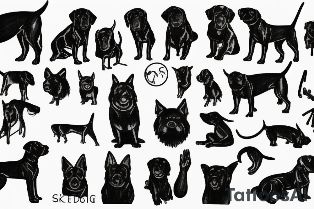 Conceptual black dog in black lines tattoo idea
