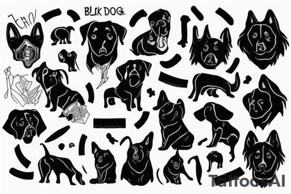 Conceptual black dog in black lines tattoo idea