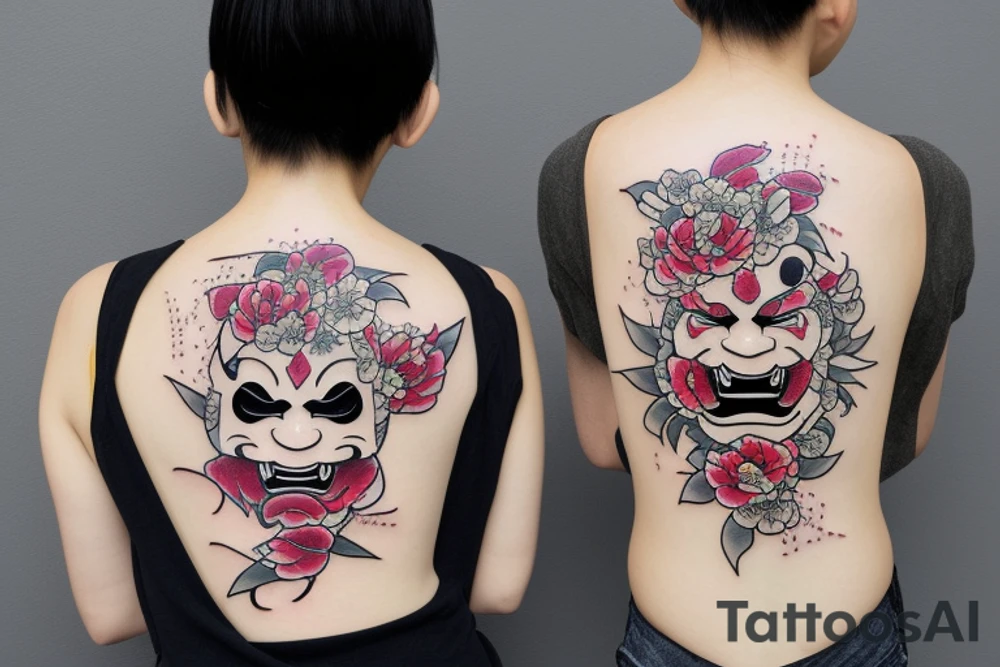 Japanese Hannya mask with peonies tattoo idea