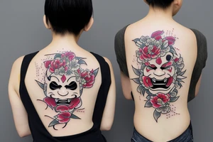 Japanese Hannya mask with peonies tattoo idea