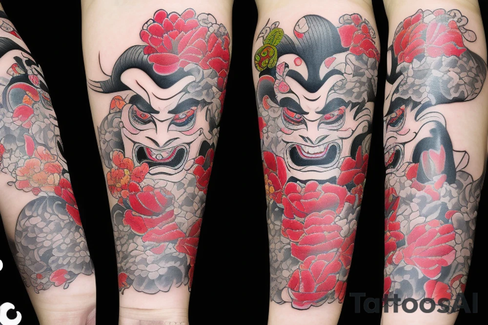 Japanese Hannya mask with peonies tattoo idea