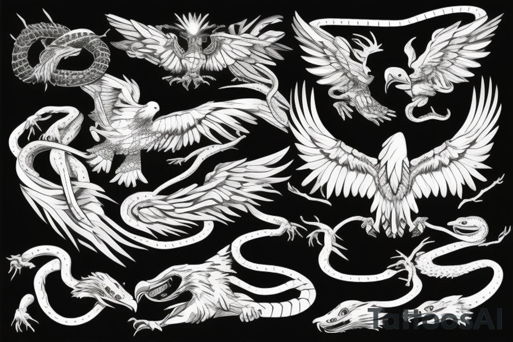 the battle between the eagle and the snake, the eagle flies, holds the snake in its paws, sketch tattoo idea
