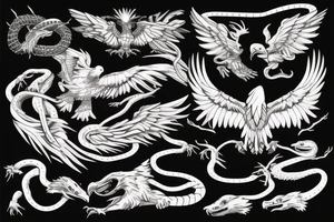the battle between the eagle and the snake, the eagle flies, holds the snake in its paws, sketch tattoo idea