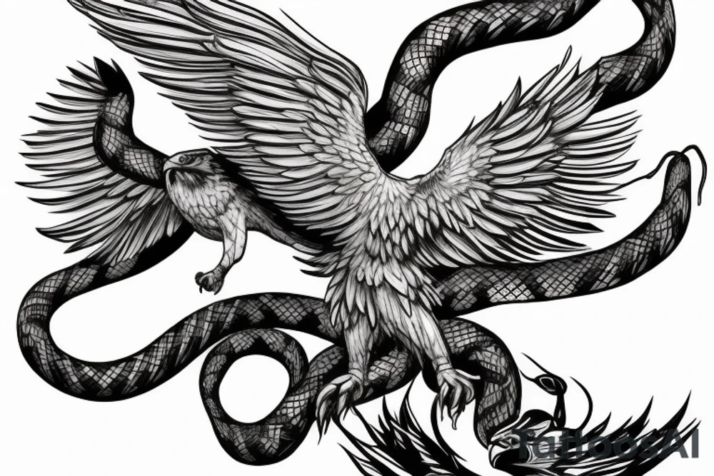 the battle between the eagle and the snake, the eagle flies, holds the snake in its paws, sketch tattoo idea