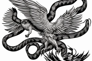 the battle between the eagle and the snake, the eagle flies, holds the snake in its paws, sketch tattoo idea
