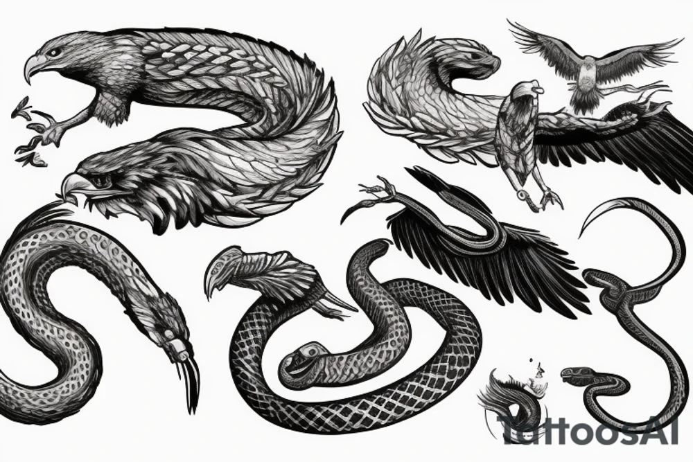 the battle between the eagle and the snake, the eagle flies, holds the snake in its paws, sketch tattoo idea