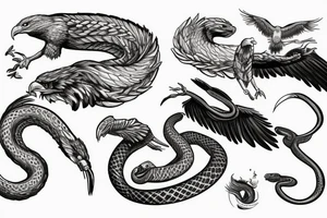 the battle between the eagle and the snake, the eagle flies, holds the snake in its paws, sketch tattoo idea
