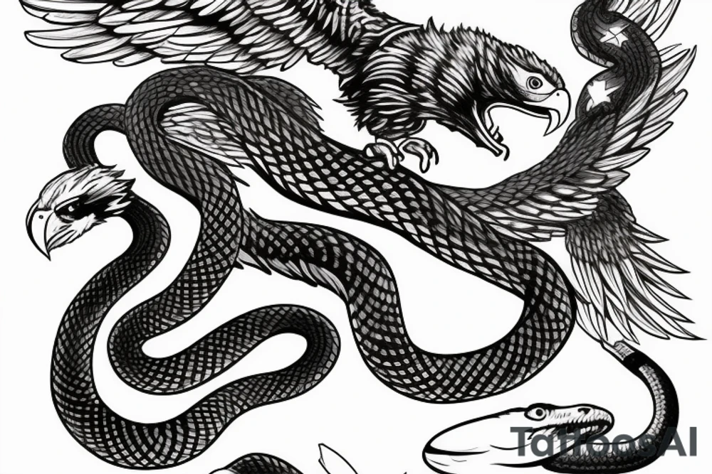 the battle between the eagle and the snake, the eagle flies, holds the snake in its paws, sketch tattoo idea
