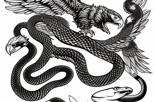 the battle between the eagle and the snake, the eagle flies, holds the snake in its paws, sketch tattoo idea