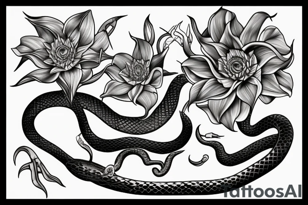 a snake with a datura flower in its mouth tattoo idea