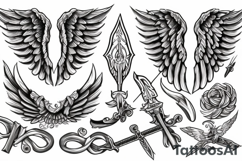 angel wings with a sword in the middle tattoo idea
