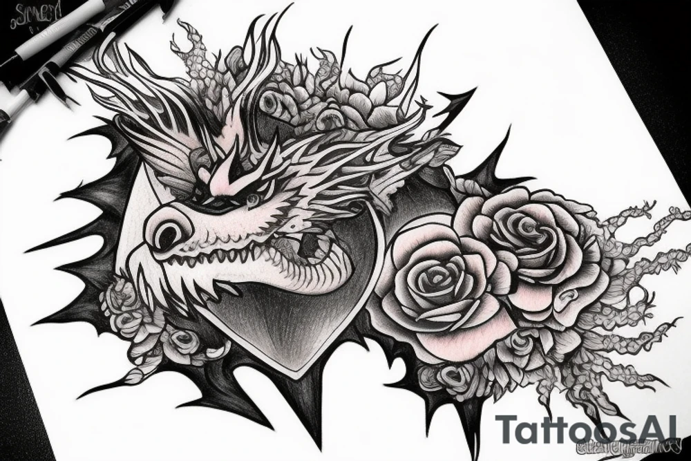 A big fire breathing dragon with Himalayan flowers an eye inside a triangle with a clock and roses tattoo idea
