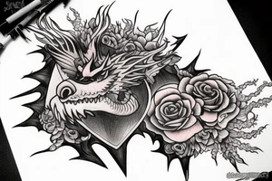 A big fire breathing dragon with Himalayan flowers an eye inside a triangle with a clock and roses tattoo idea